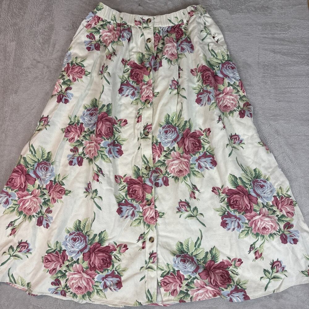 VTG Red Ridge Mountain Button Maxi Skirt Cottage Rose Country Pockets Western L